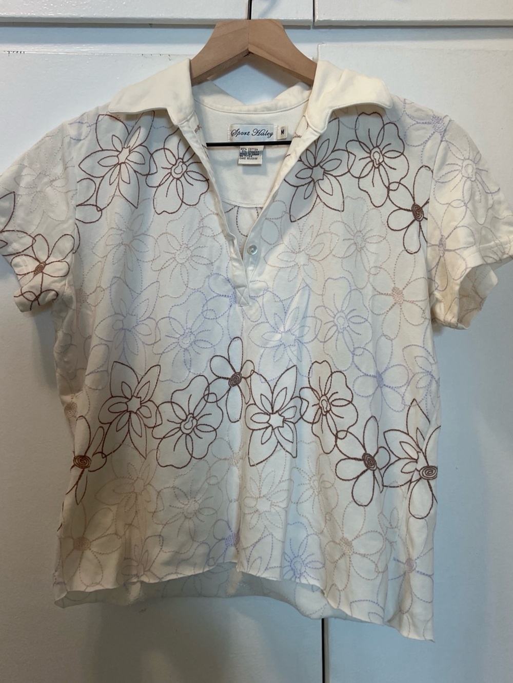 Sport Haley cropped Cream Button-Down Shirt with Brown Floral Embroidery